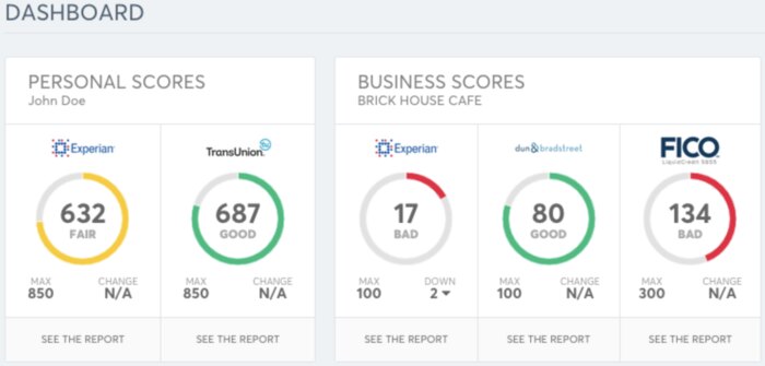 Nav dashboard with credit reports and metrics.